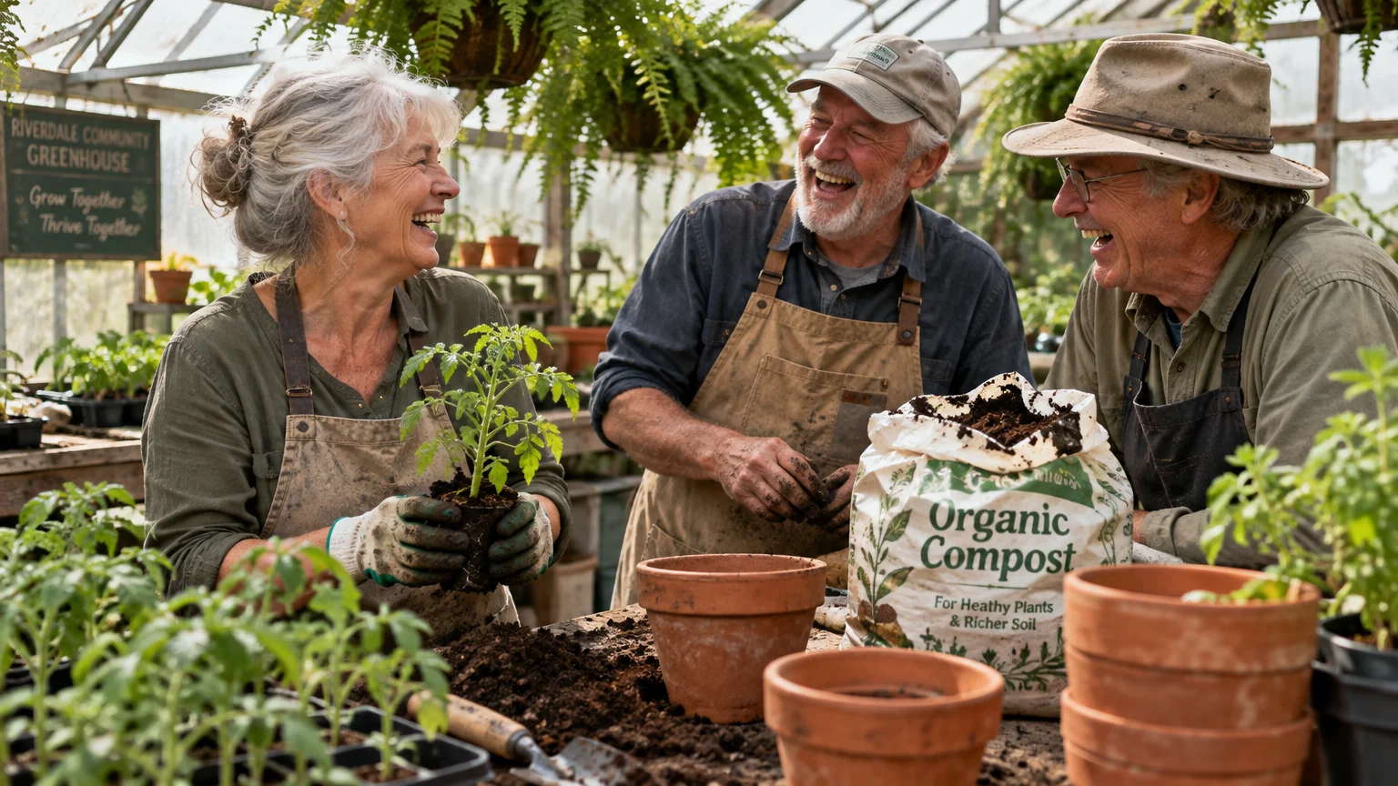 Three smiling older adults in aprons potting tomato plants around bags of organic compost inside a greenhouse.