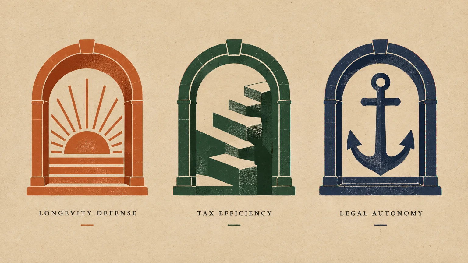 Three illustrated arches labeled Longevity Defense, Tax Efficiency, and Legal Autonomy, framing a sun, stairs, and an anchor.
