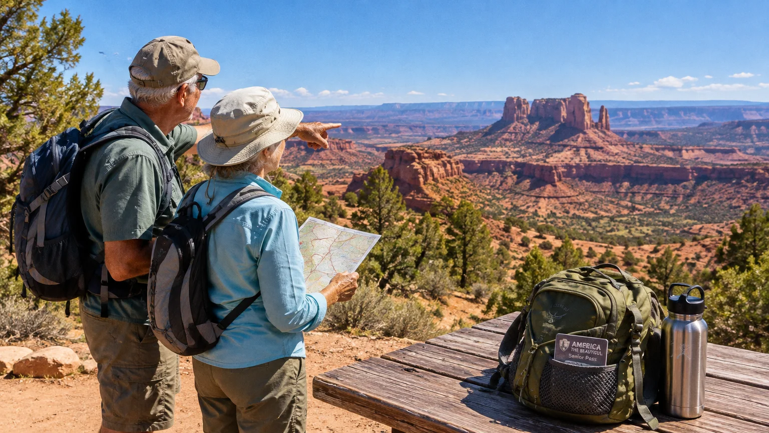 Older couple with backpacks overlooks a red rock canyon, with an America the Beautiful Senior Pass resting on a picnic table.