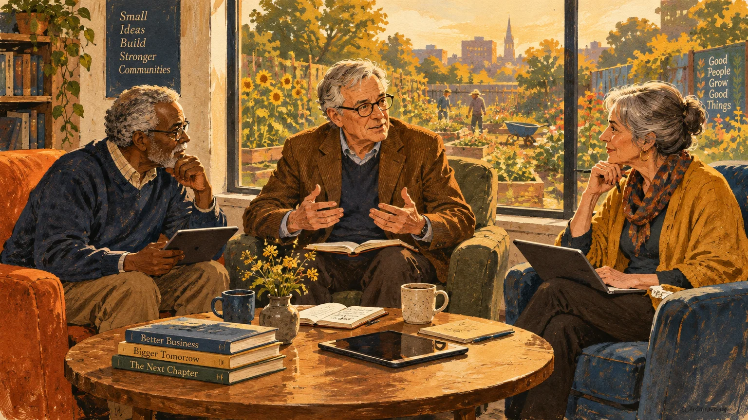 Illustration of three senior adults sitting around a coffee table with books and tablets, talking in front of a garden window.