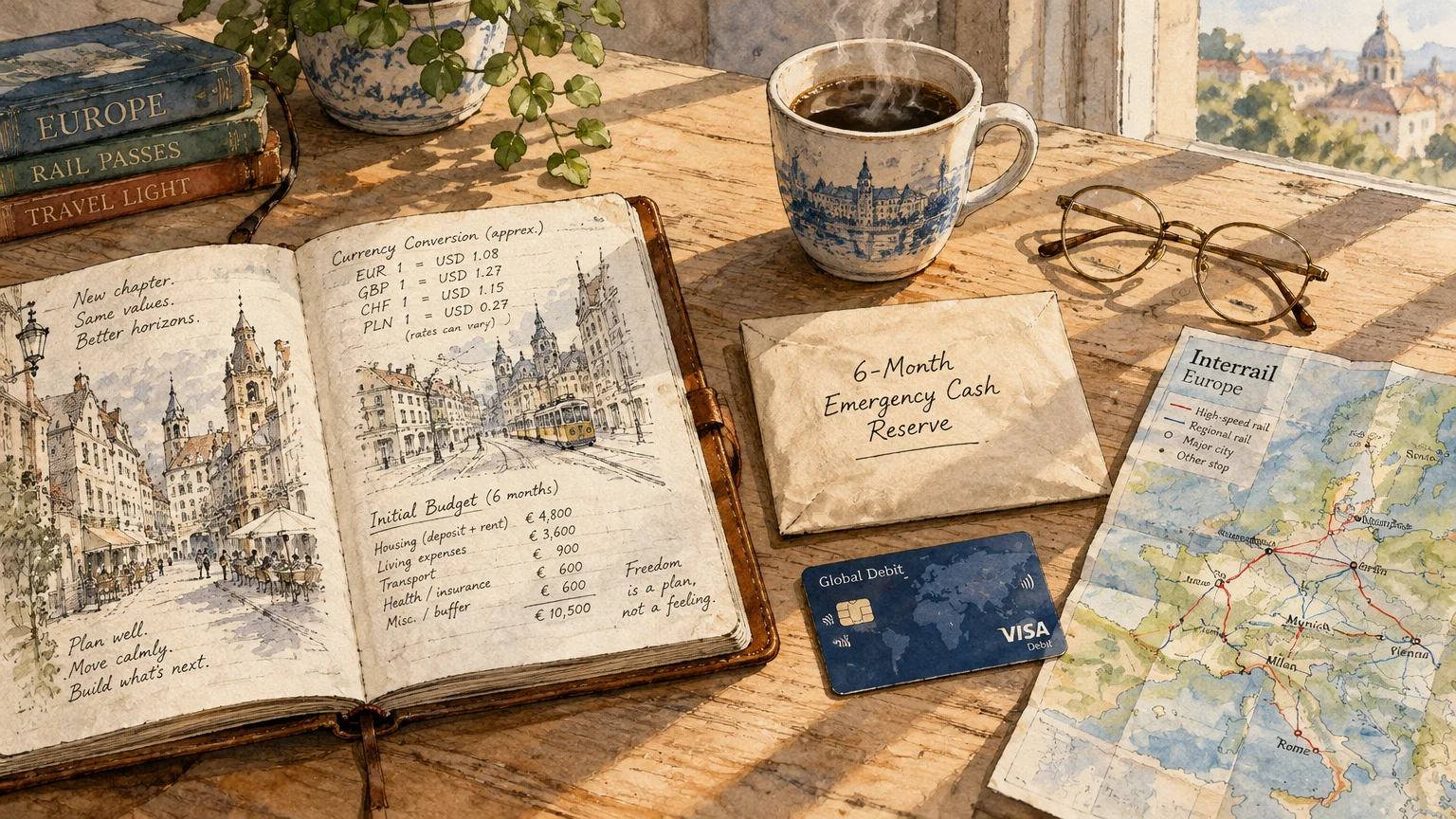 Illustrated desk with a travel journal, envelope labeled 6-Month Emergency Cash Reserve, coffee cup, debit card, and rail map.