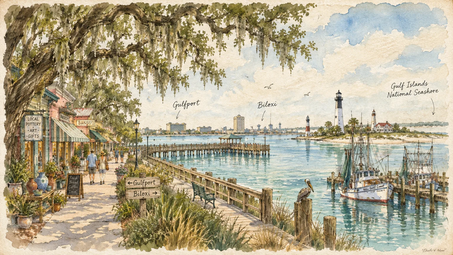 Watercolor illustration of a coastal boardwalk with shops, pier, fishing boats, and labels for Gulfport and Biloxi.
