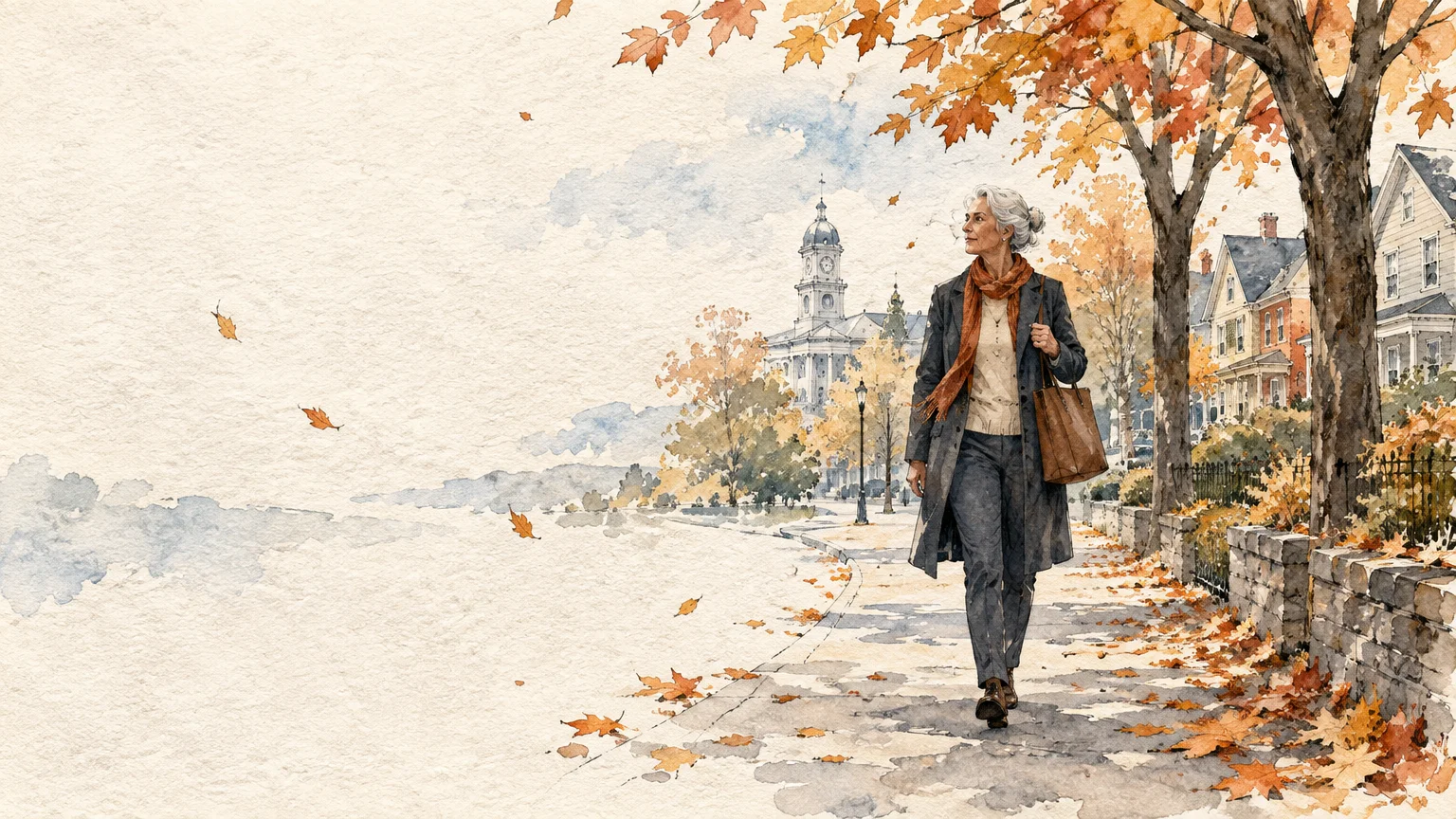 Watercolor illustration of a senior woman walking down an autumn town sidewalk past colorful trees and houses.