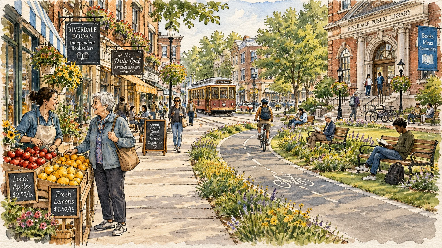 Watercolor illustration of a walkable town street with storefronts, a library, a trolley, bike paths, and people socializing.
