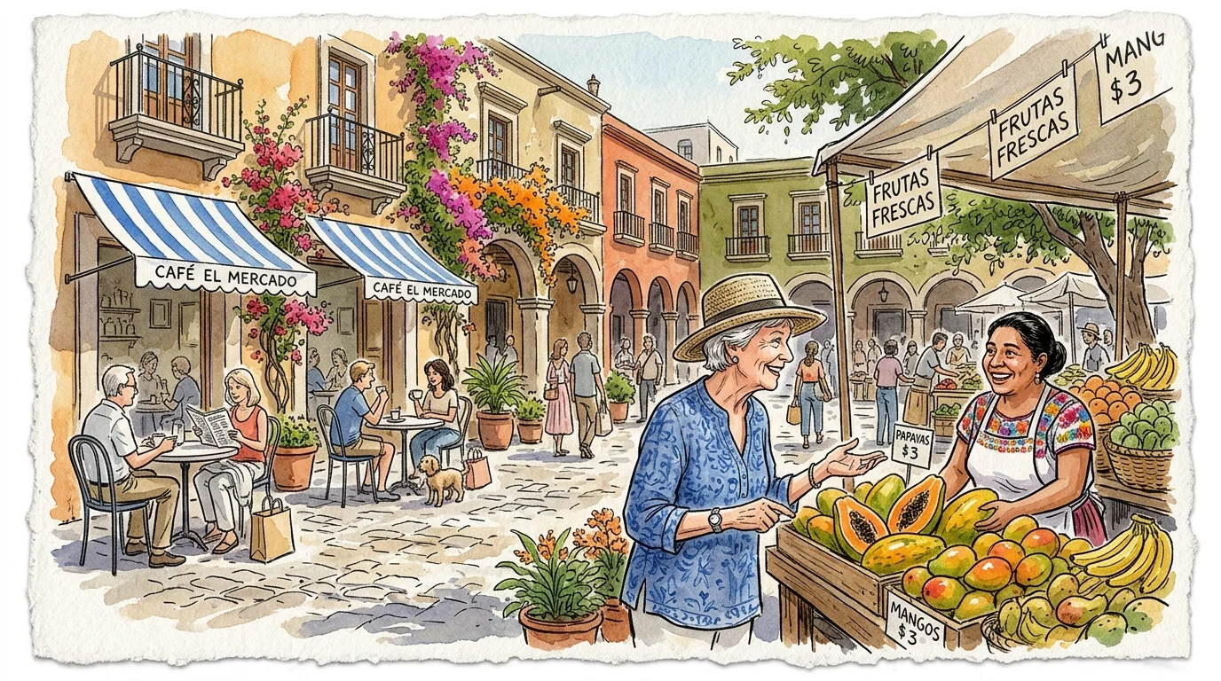 Watercolor illustration of a woman in a sunhat buying fruit at an outdoor market square beside a sidewalk cafe.