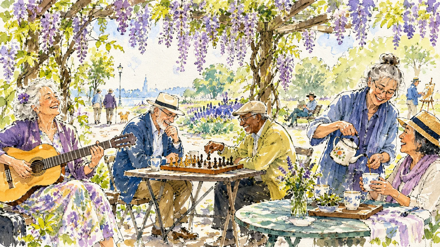 Senior friends playing chess, strumming a guitar, and pouring tea beneath a wisteria-covered arbor in a sunny park.