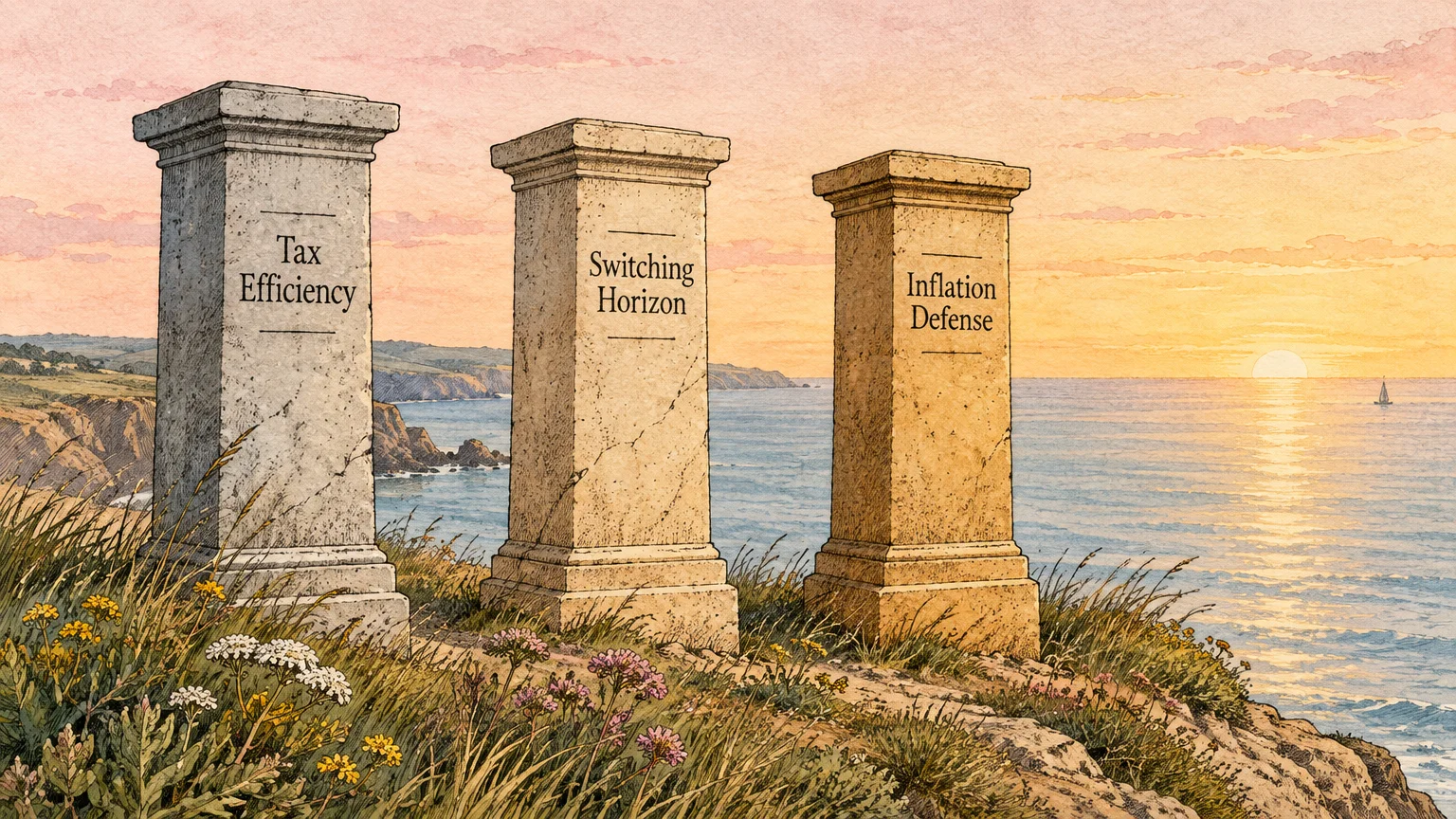 Three stone pillars labeled Tax Efficiency, Switching Horizon, and Inflation Defense stand on a coastal cliff at sunset.