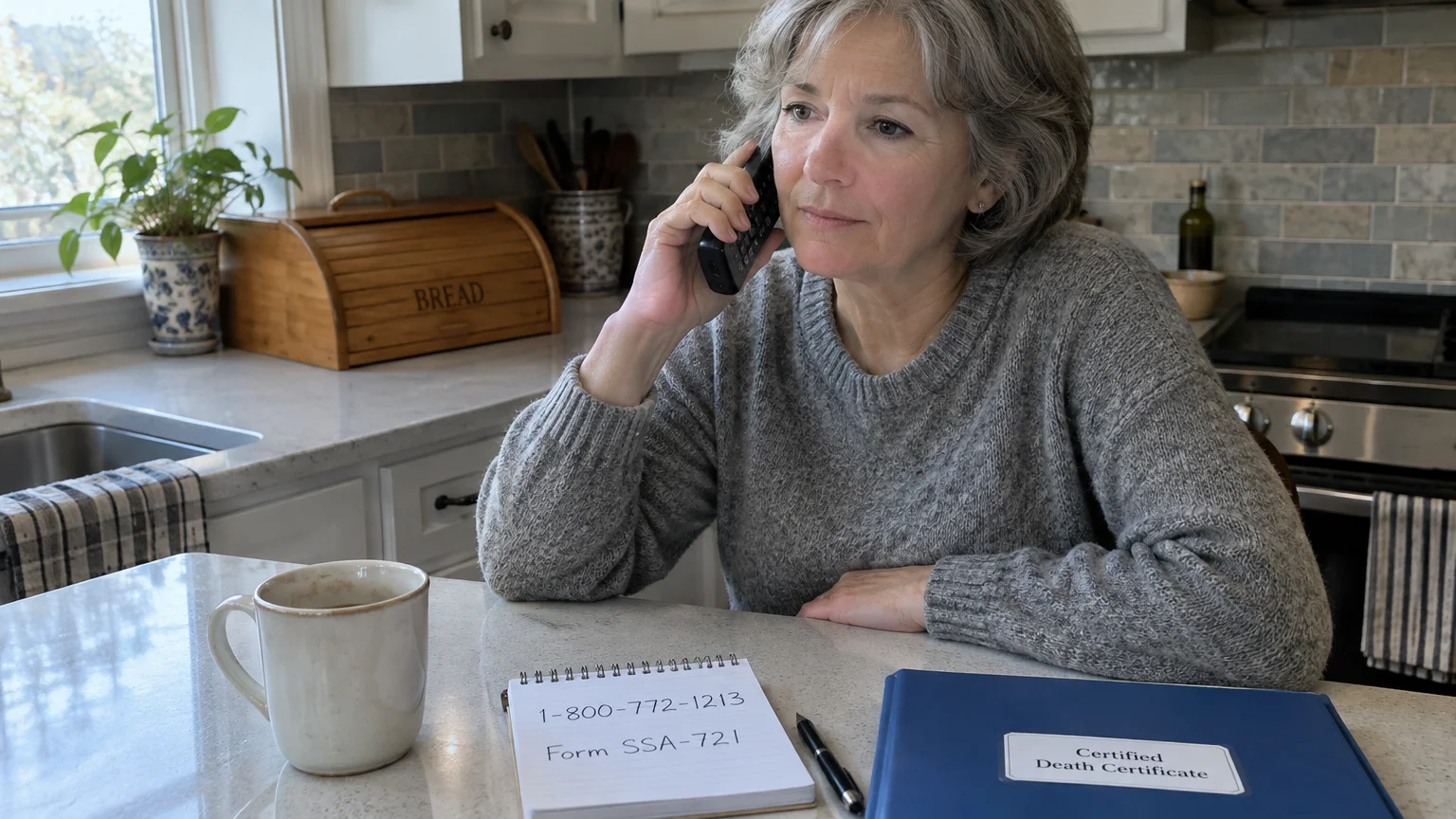 A woman talks on a phone at a counter beside a notepad reading 1-800-772-1213 and a certified death certificate folder.