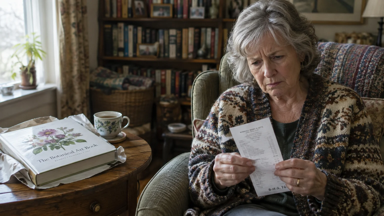 An older woman in a patterned cardigan sits in an armchair, looking worriedly at a store receipt beside an open art book.