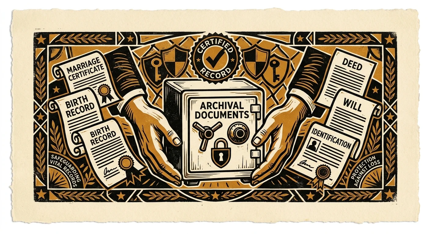 Engraving-style illustration of hands framing a safe surrounded by certified vital records like marriage certificates and wills.
