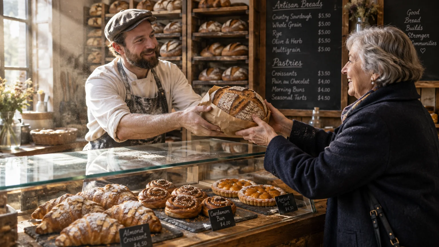 A smiling baker hands a loaf of artisan bread across a bakery counter to an older woman.