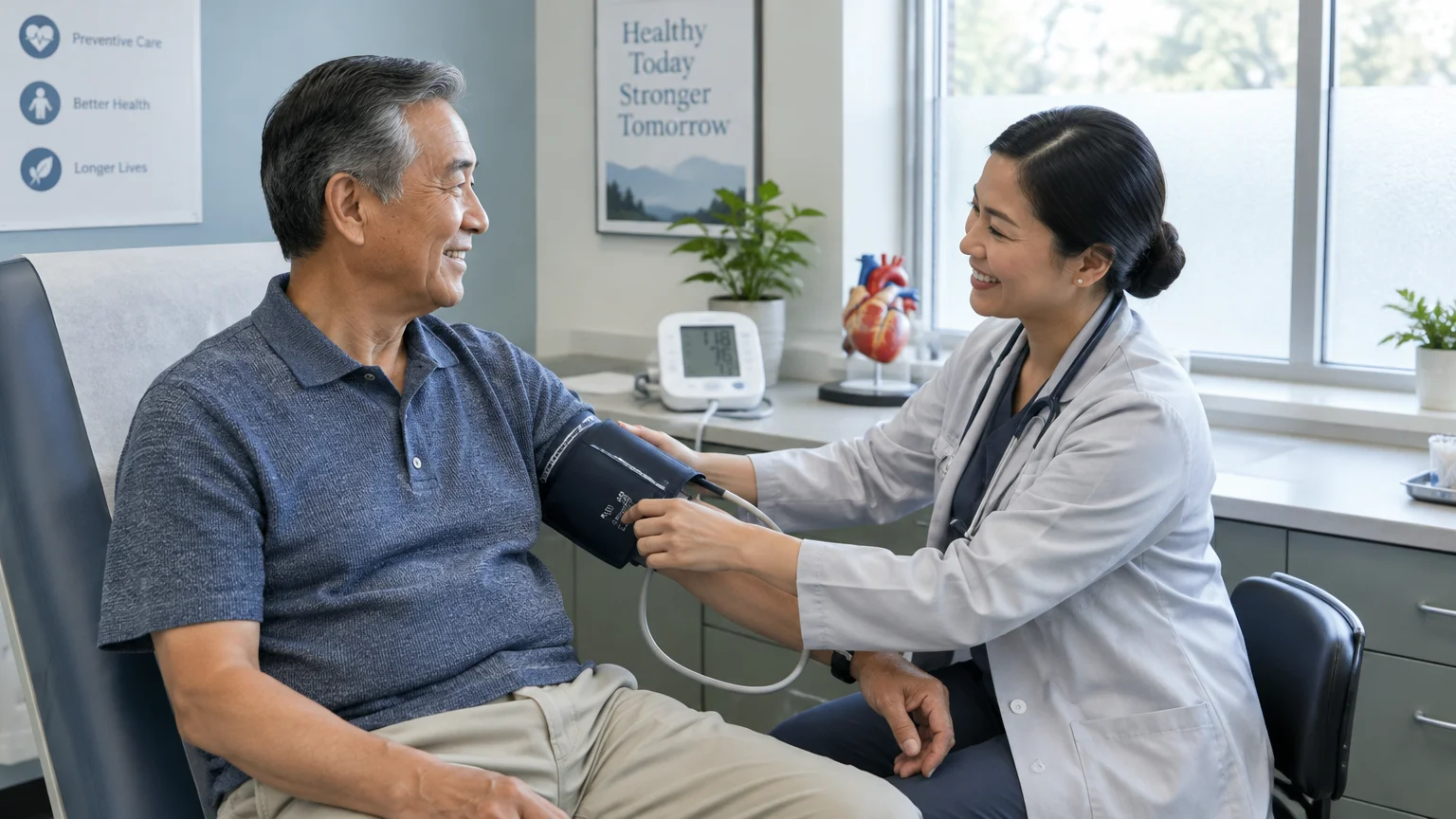 A smiling female doctor wraps a blood pressure cuff around the arm of an older man seated in an exam room.