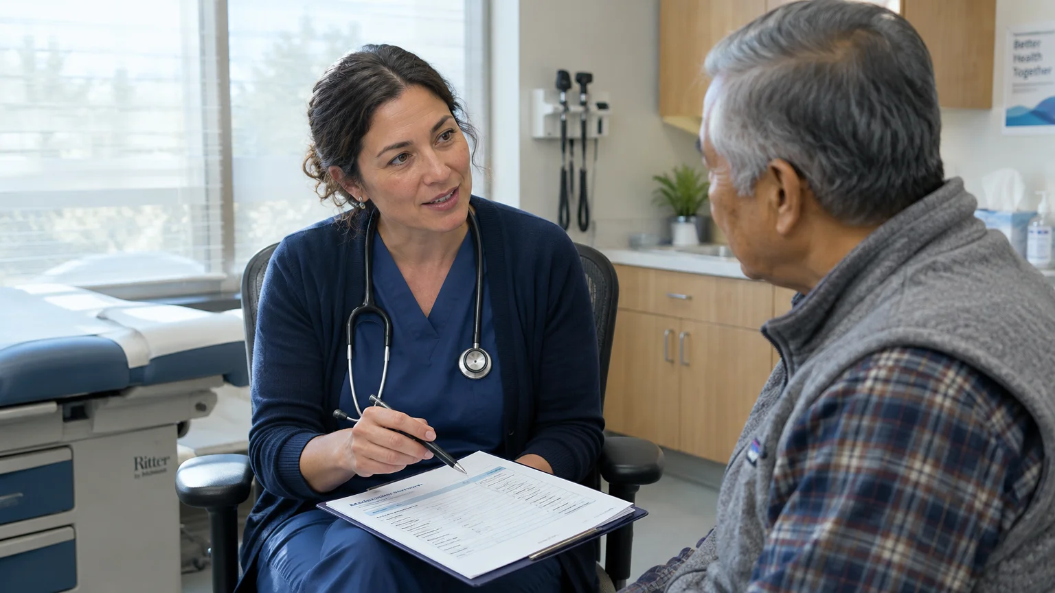 A female doctor in scrubs holds a clipboard while speaking with an older male patient in a clinical exam room.