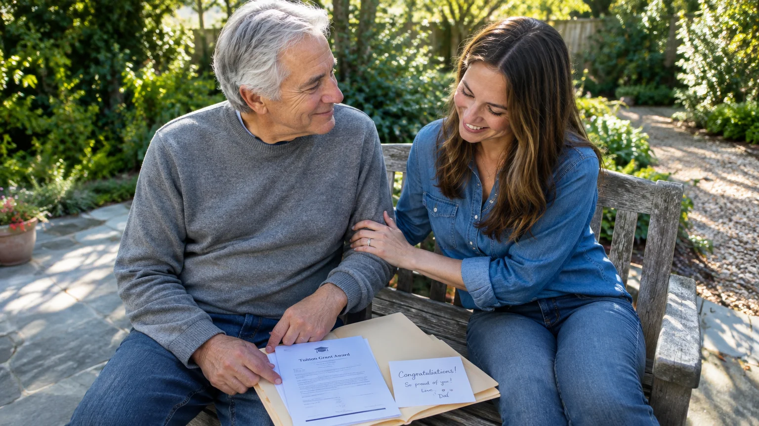 An older man and an adult woman sit together on a wooden garden bench looking at a tuition grant award letter.