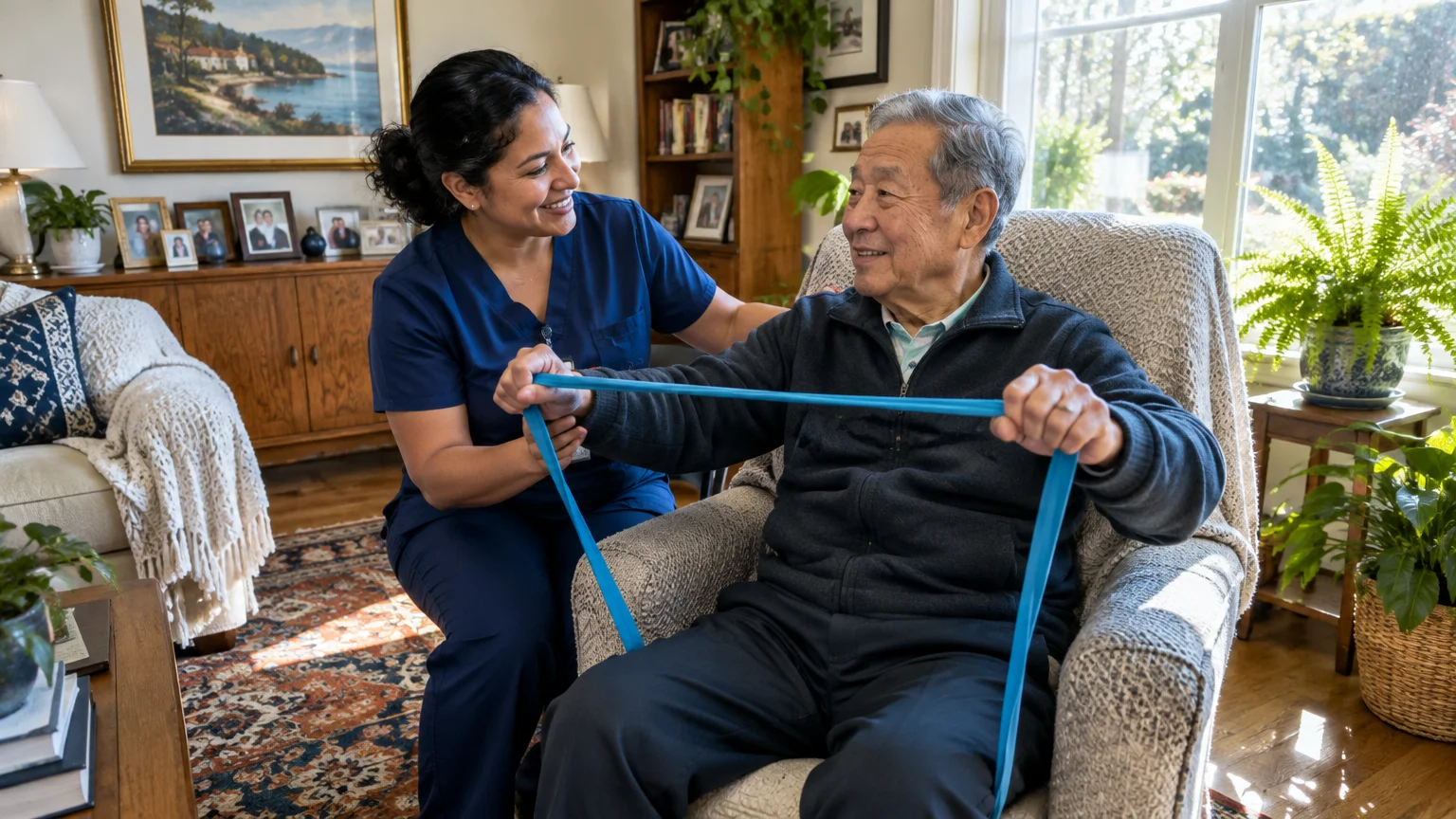 A caregiver in blue scrubs assists an elderly man exercising with a blue resistance band in a living room armchair.