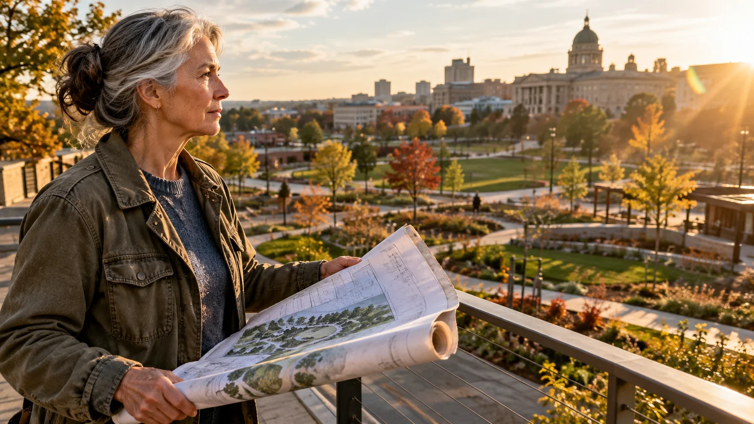 Older woman holding architectural blueprints on a balcony overlooking a city park and capitol building at sunset.
