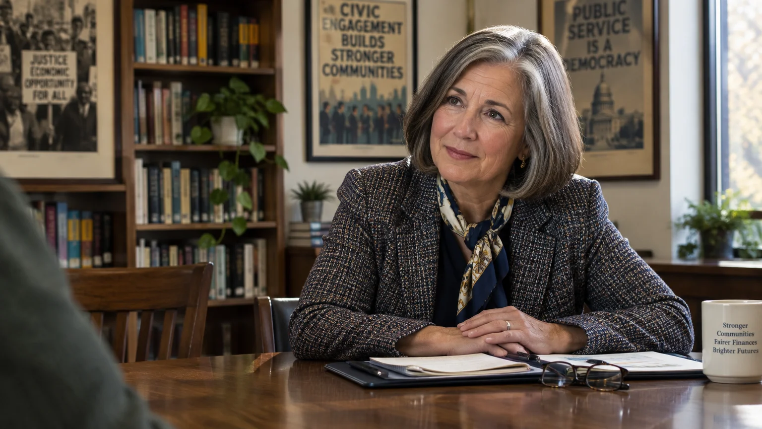A smiling woman with gray hair in a tweed blazer sits at an office desk listening across a conference table.