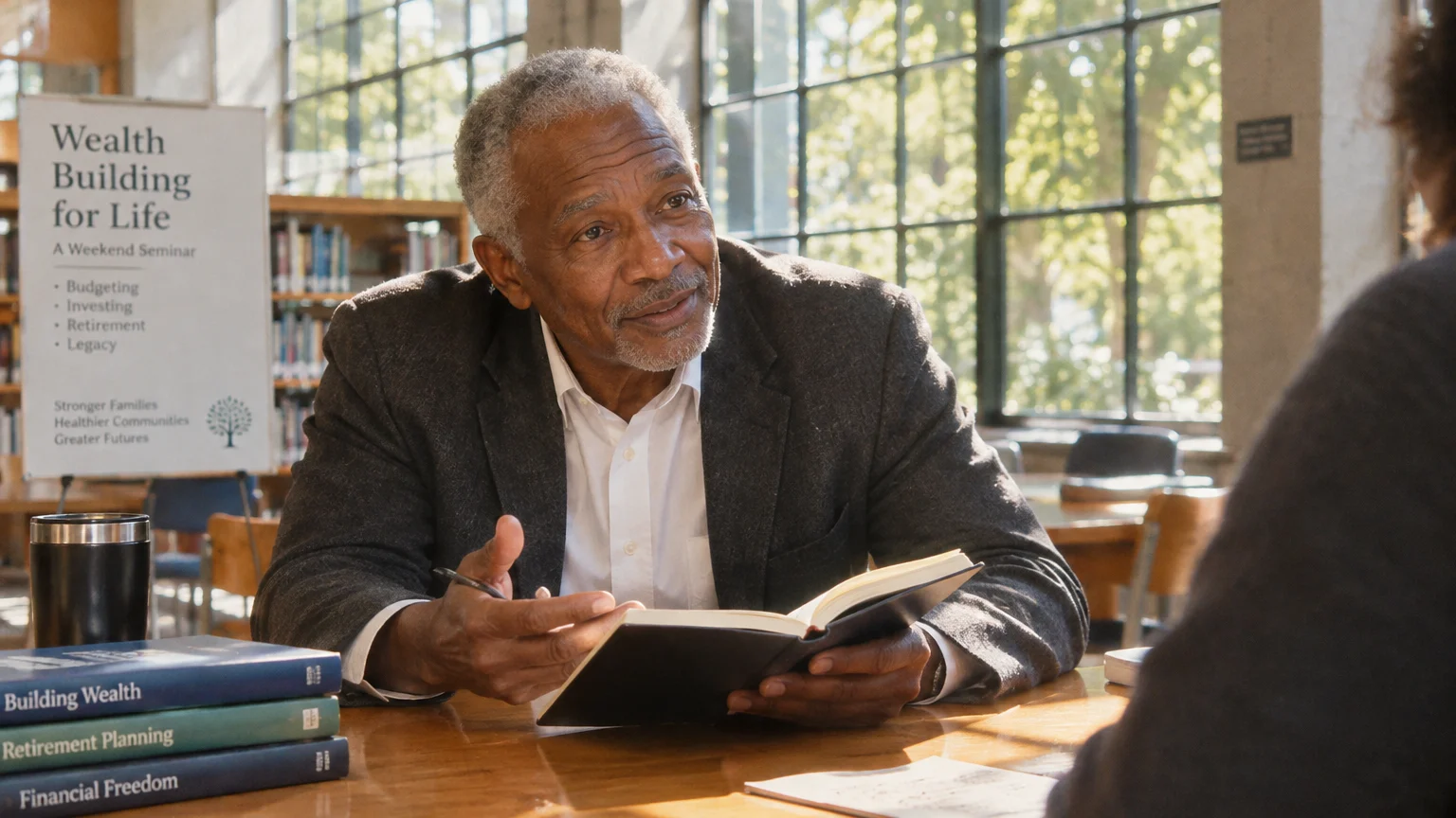 Senior man speaking at a wooden table beside finance books and a Wealth Building for Life seminar poster in a library.