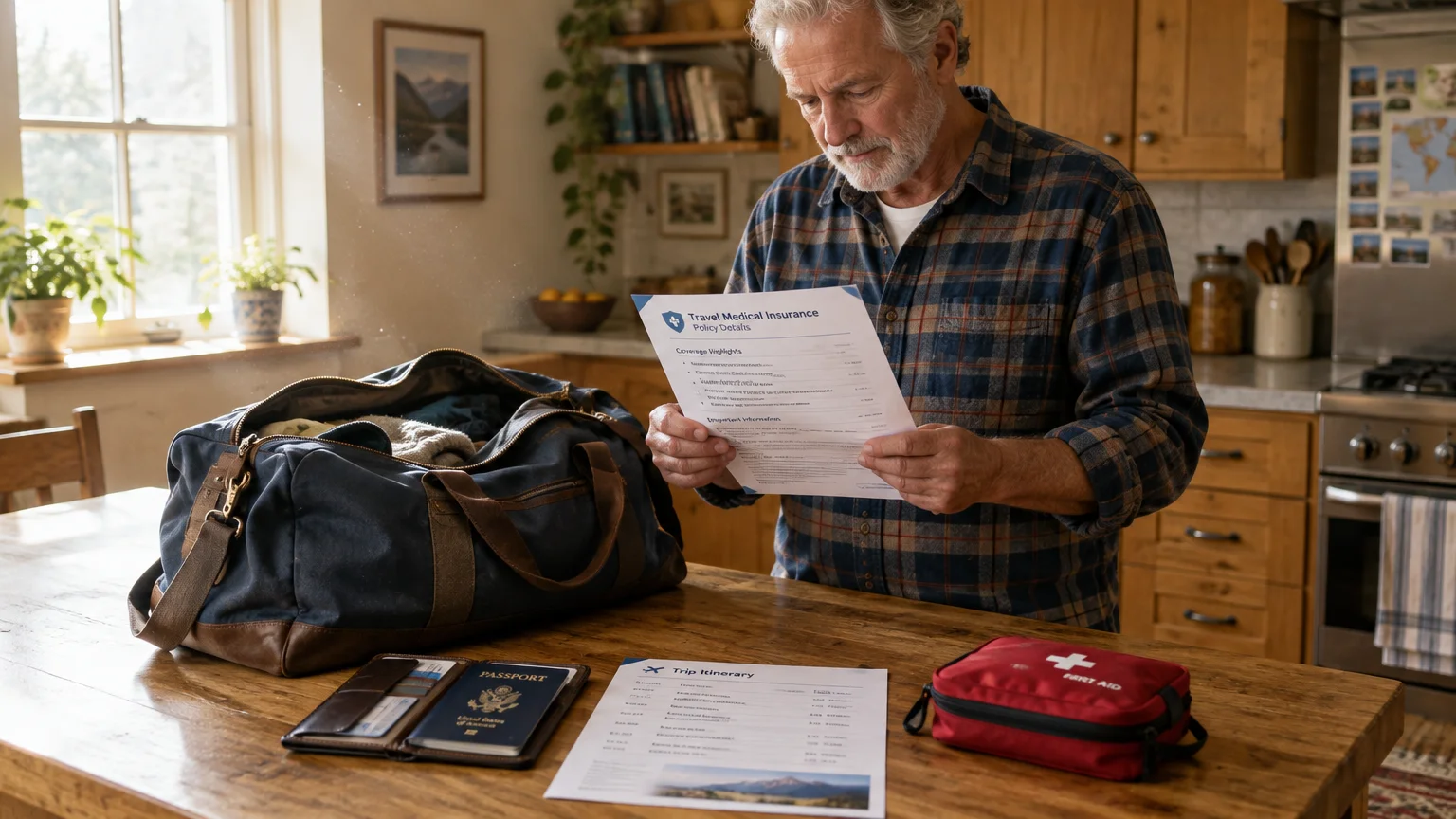 Older man reviewing a travel medical insurance policy document by a duffel bag, passport, and first aid kit on a table.