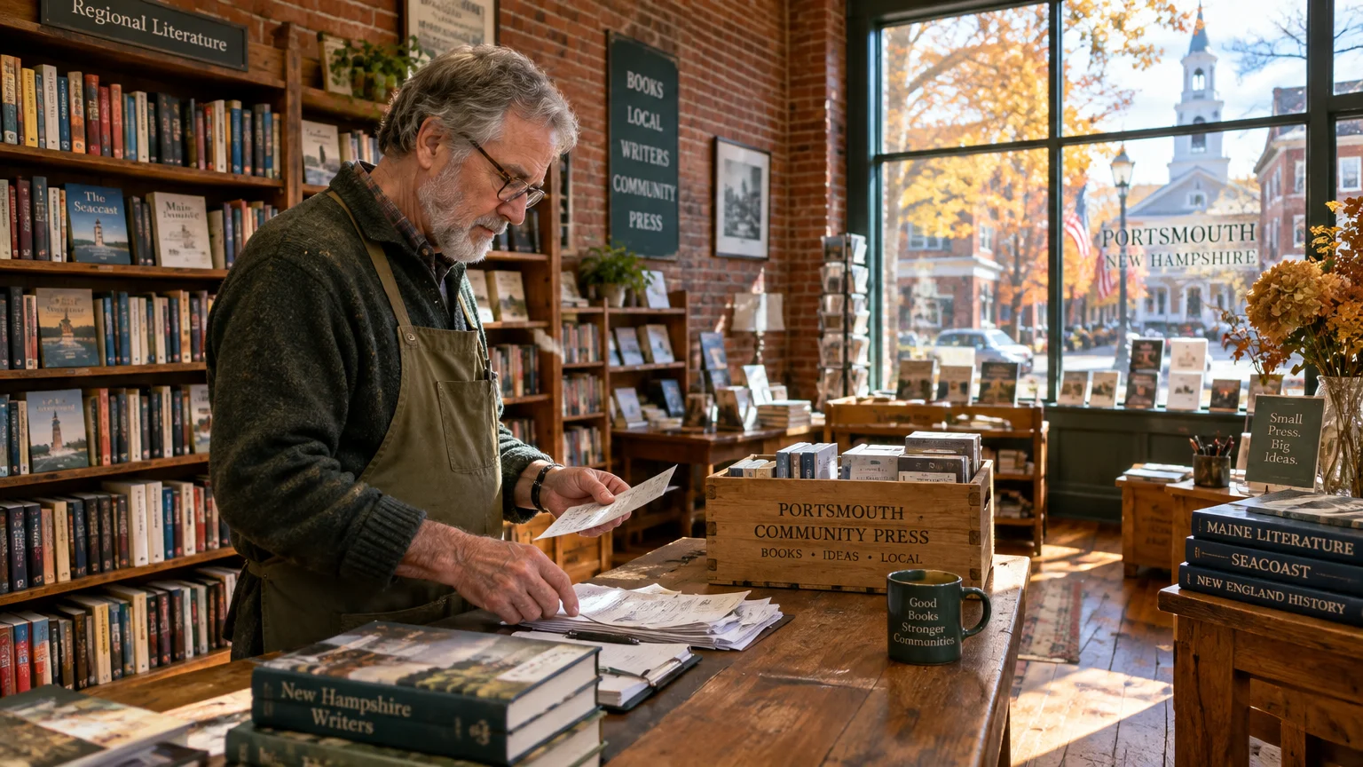 An older man wearing glasses and an apron reviews papers at a wooden counter inside a sunlit bookstore.