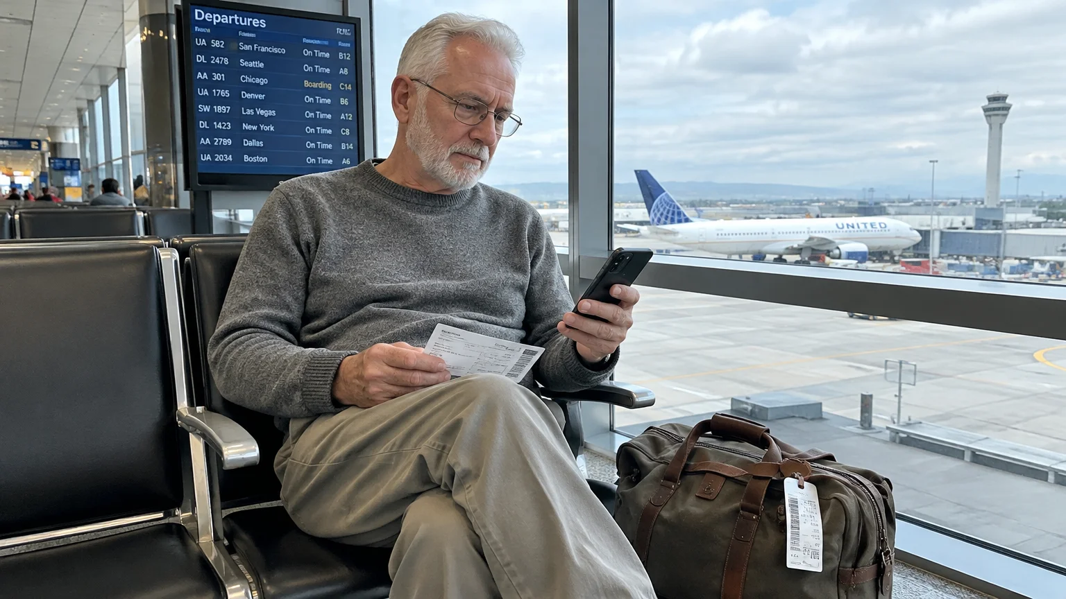 Senior man with glasses seated at an airport terminal gate looking at his phone, with an airplane visible outside.