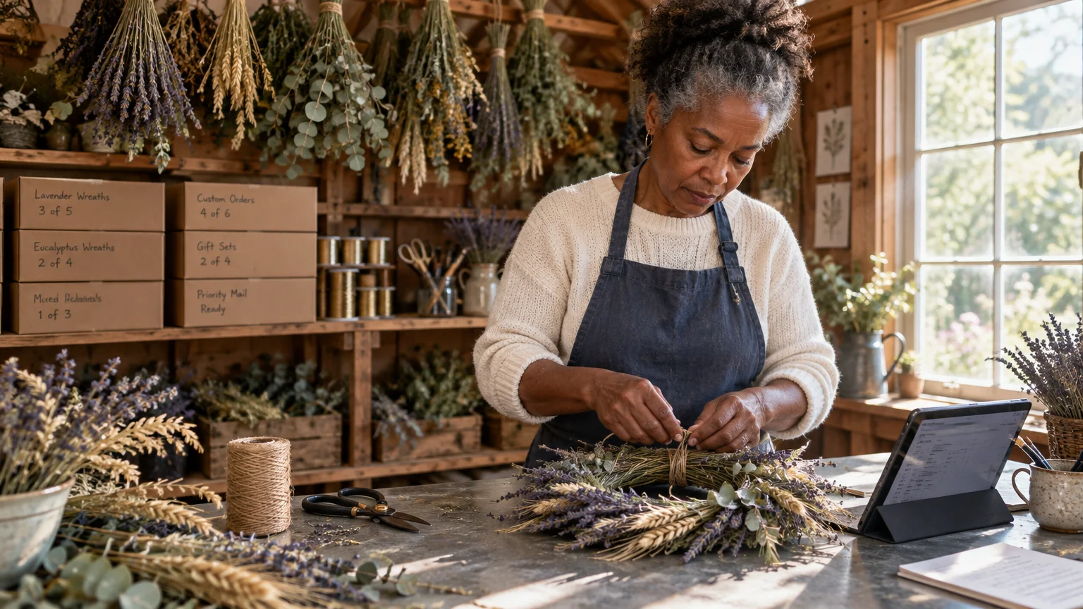 A senior woman in an apron ties twine onto a dried lavender and wheat wreath inside a sunlit craft workshop.