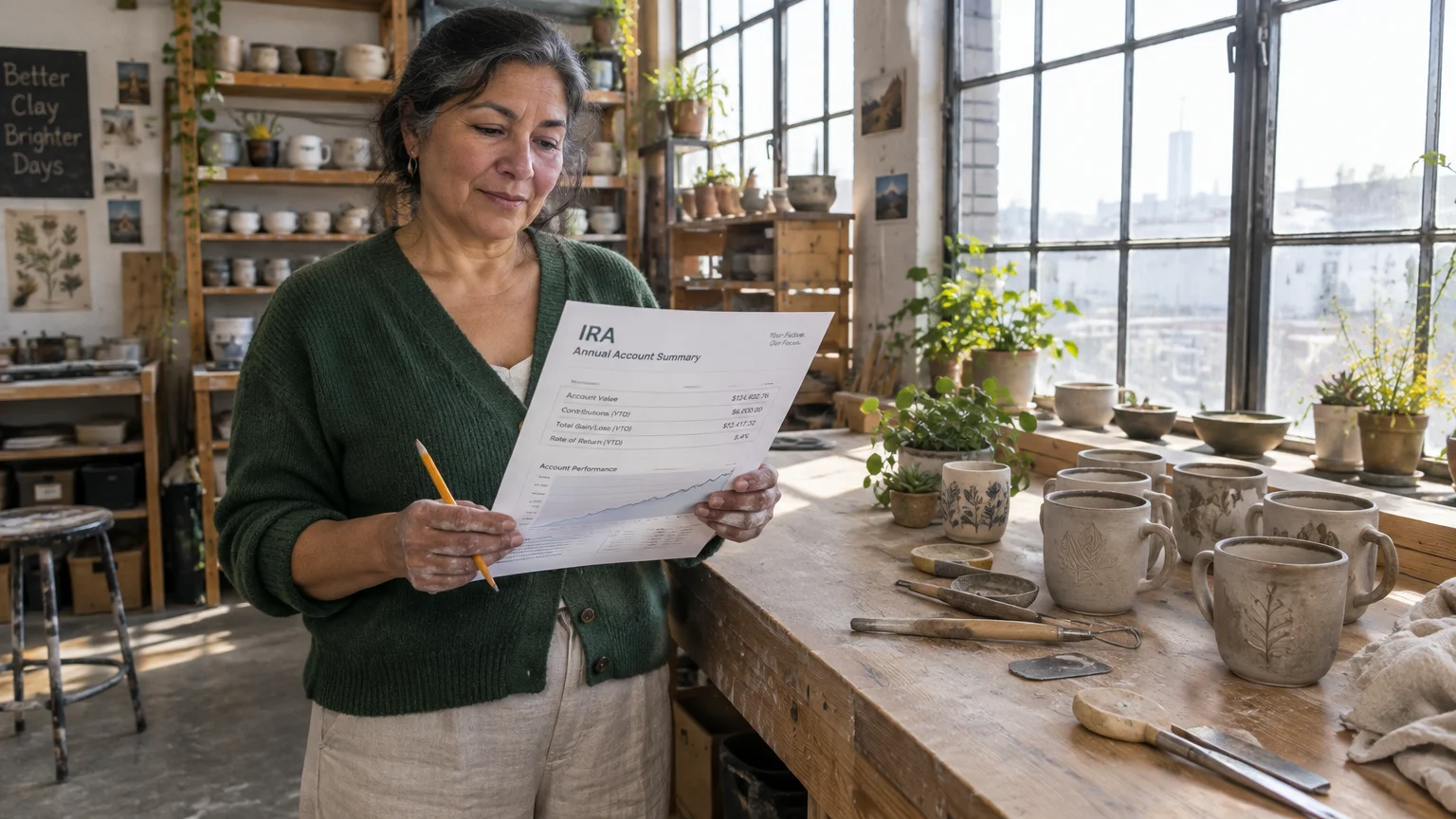 A woman in a pottery studio holding a pencil and an IRA Annual Account Summary document beside ceramic mugs.