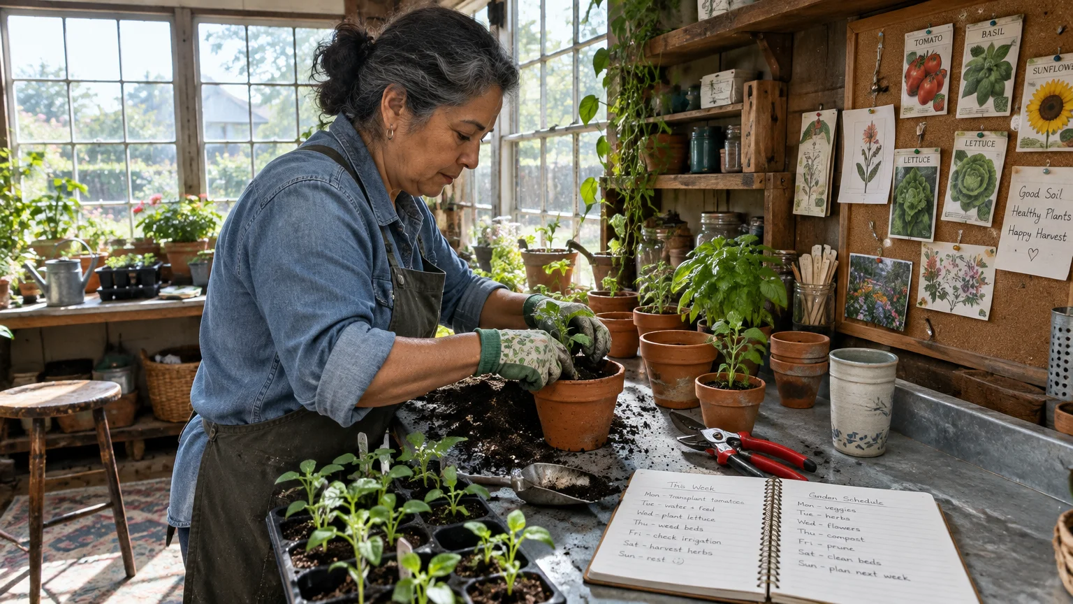 A woman repots seedlings at a workbench in a sunlit greenhouse next to an open gardening schedule notebook.