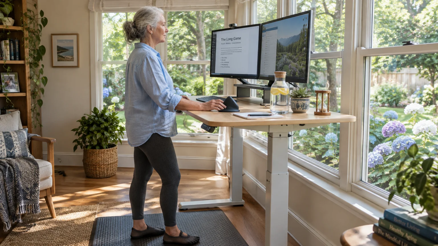 A woman working at an adjustable standing desk with two monitors in a sunlit room overlooking a garden.