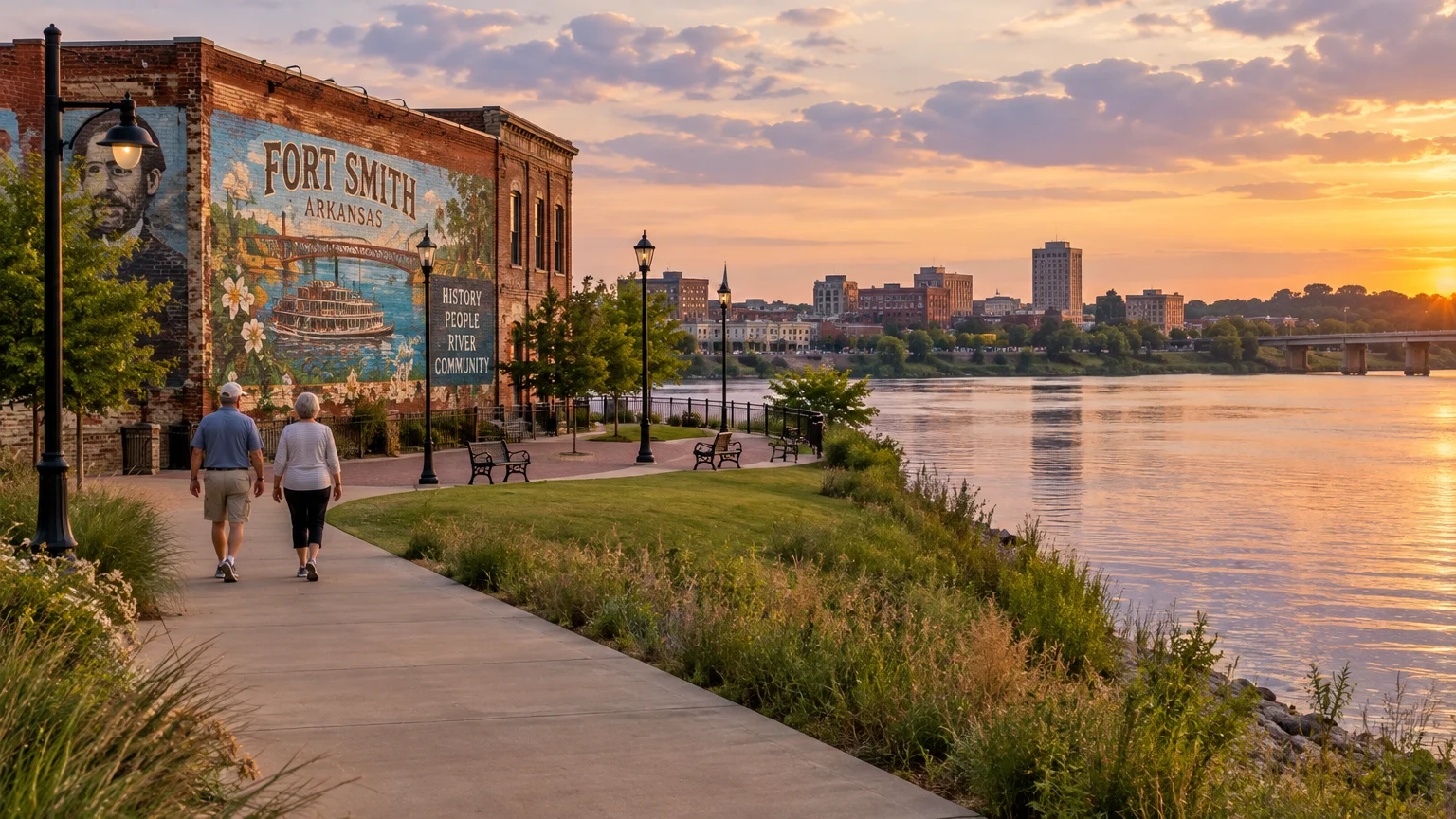 A couple walks along a riverside path in Fort Smith, Arkansas, past a brick building mural during sunset.
