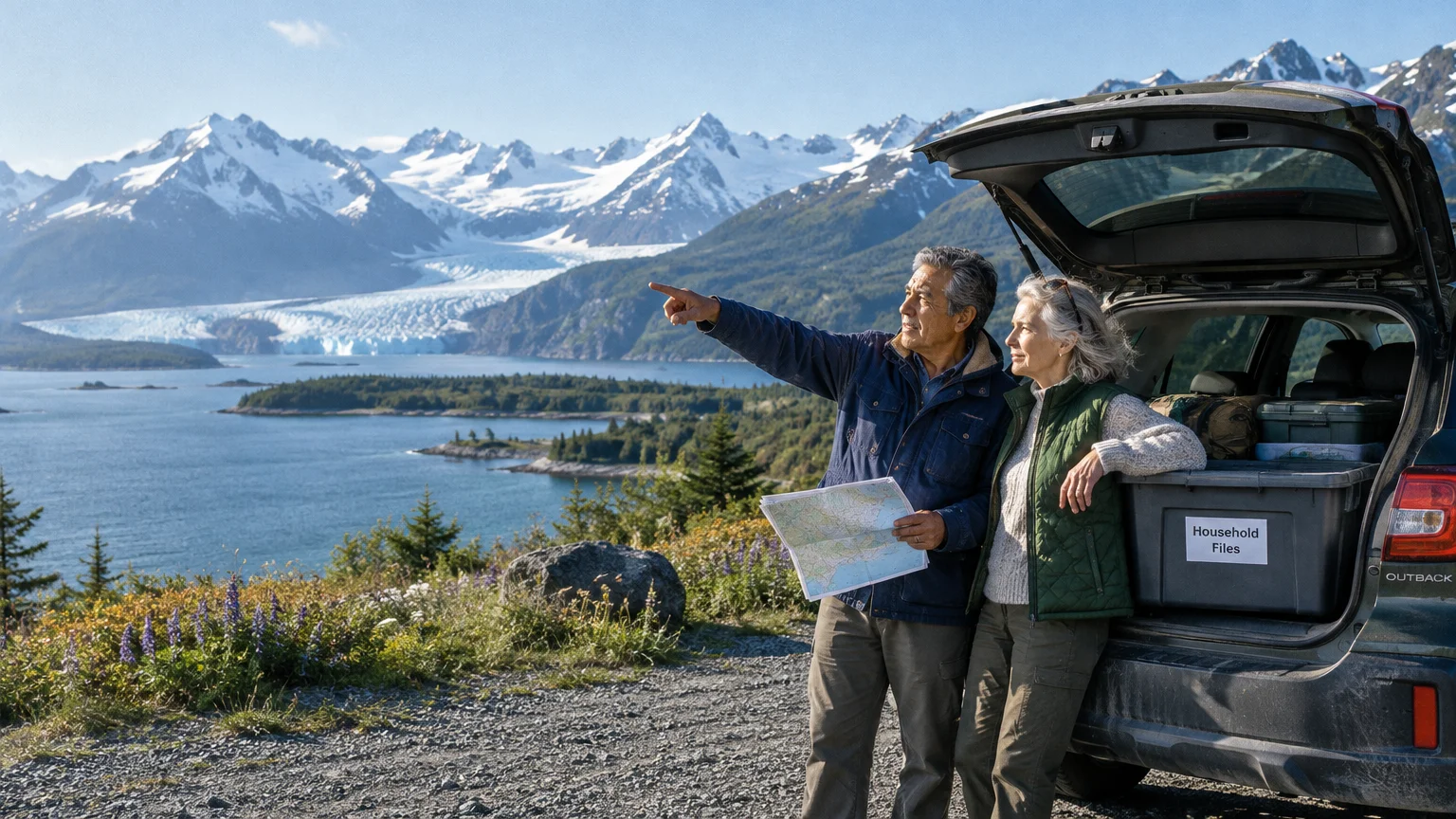 Older couple standing by open car trunk holding a map, overlooking a lake, glacier, and snowy mountains.