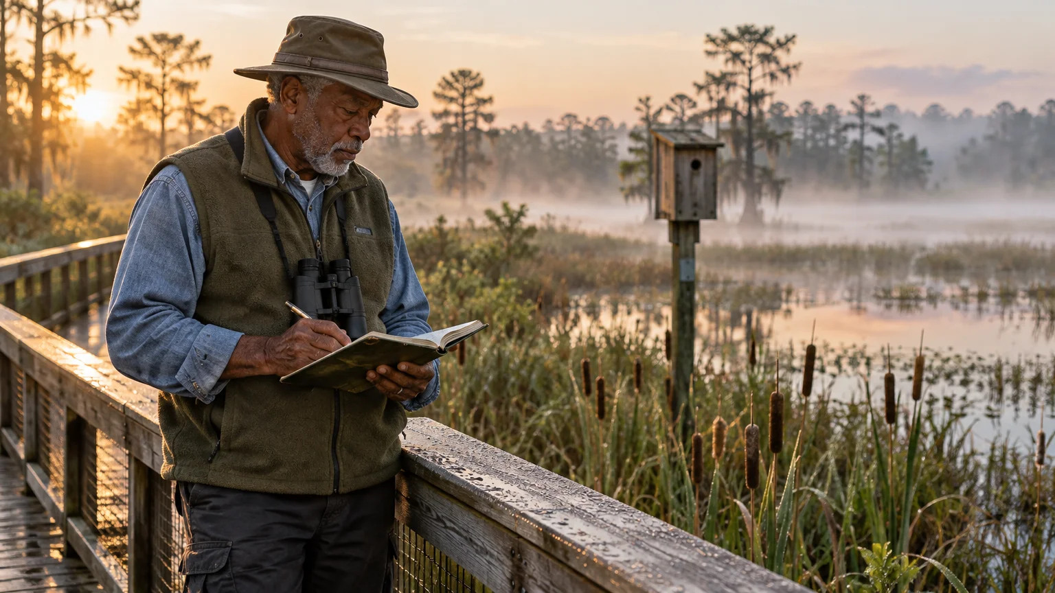 Older man with binoculars and hat writing in a notebook on a wooden boardwalk overlooking a misty wetland.