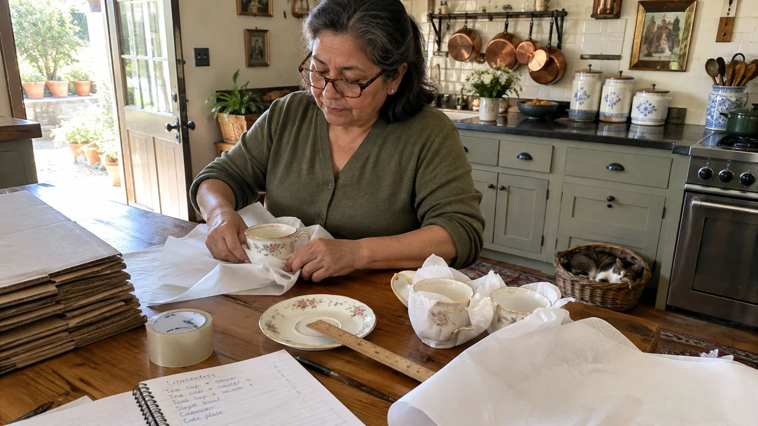 A woman with glasses wrapping porcelain teacups in tissue paper at a wooden kitchen table beside packing supplies.