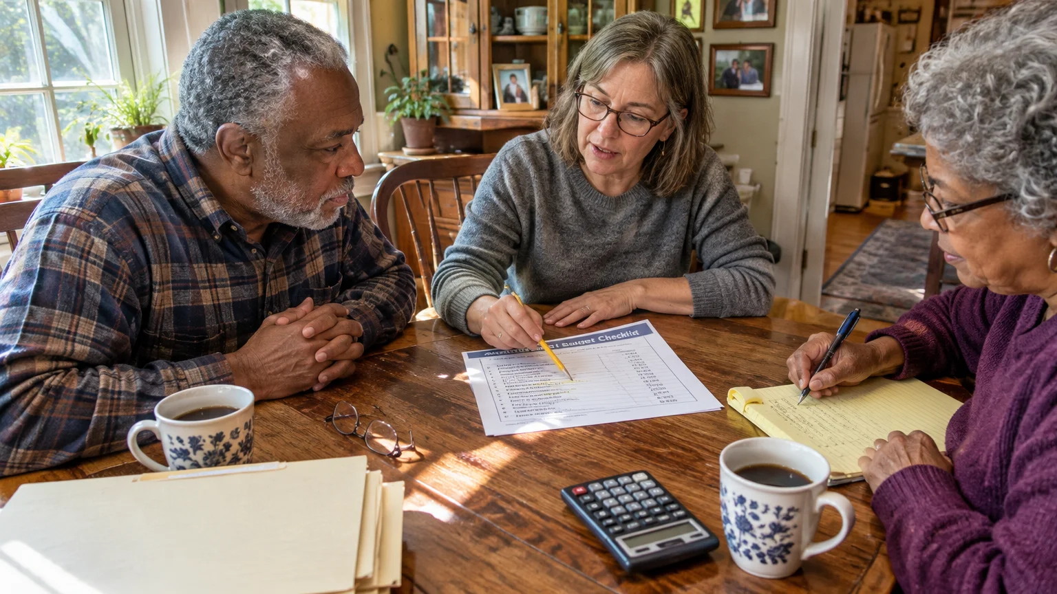 Three people sit around a wooden table reviewing financial checklists and writing on notepads with a calculator nearby.