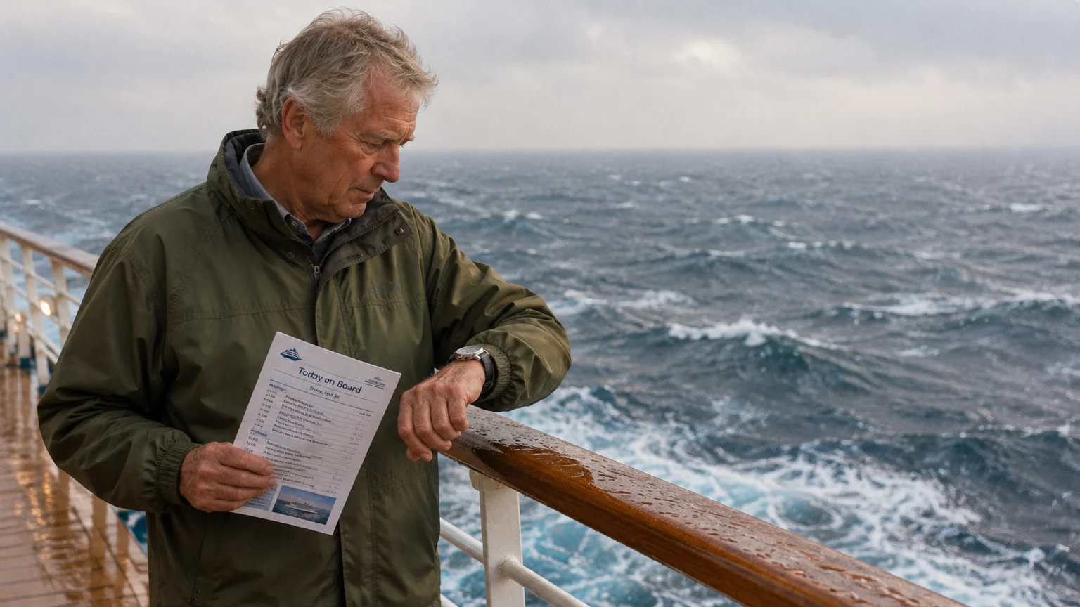 An older man in a green jacket checks his wristwatch on a cruise ship deck overlooking rough ocean waves.