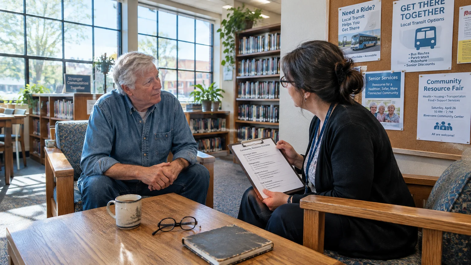 A woman holds a clipboard while speaking with an older man seated across from her in a library near transit posters.