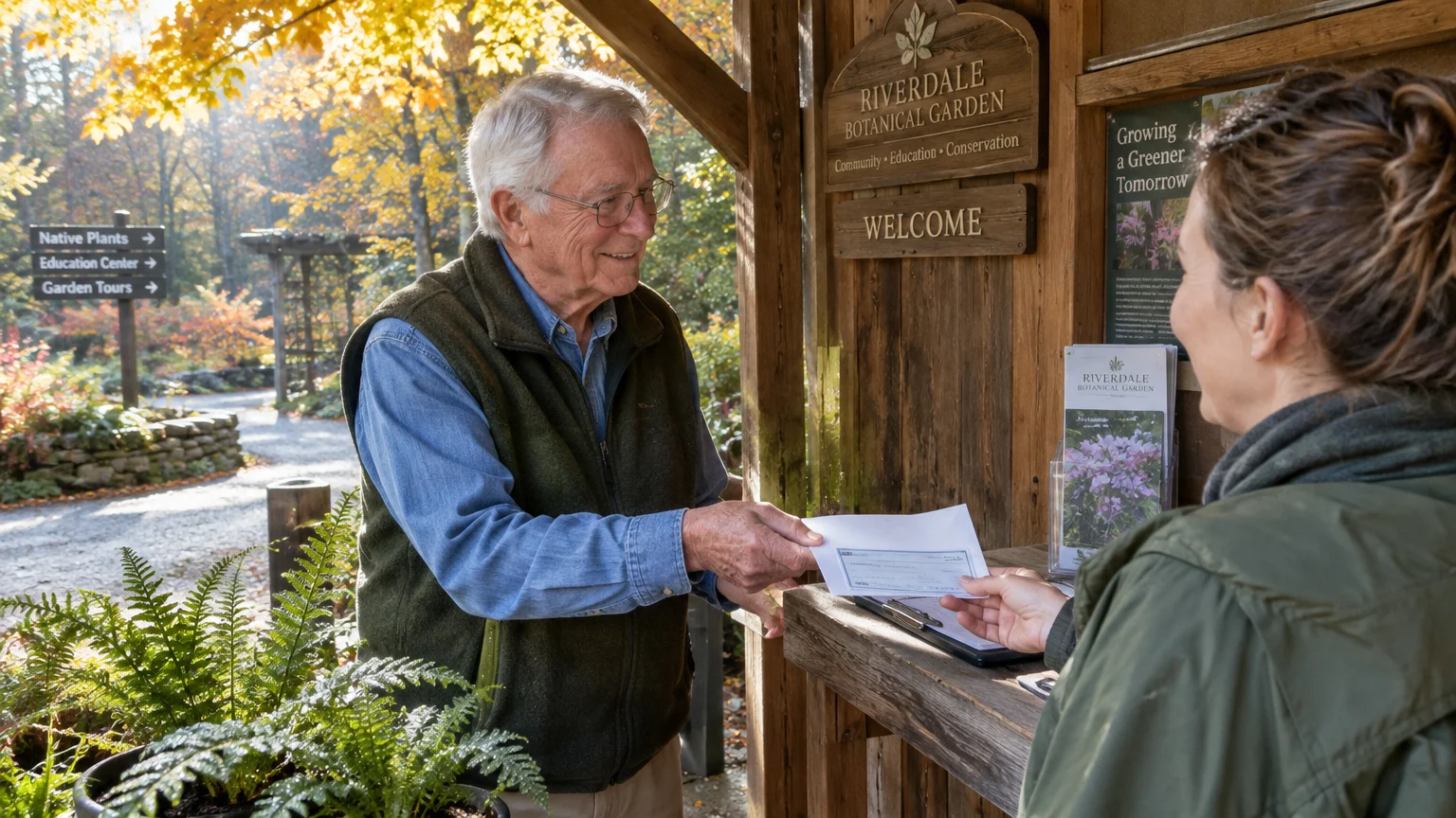 An older man hands a check to a woman at a wooden welcome kiosk at the Riverdale Botanical Garden outdoors.