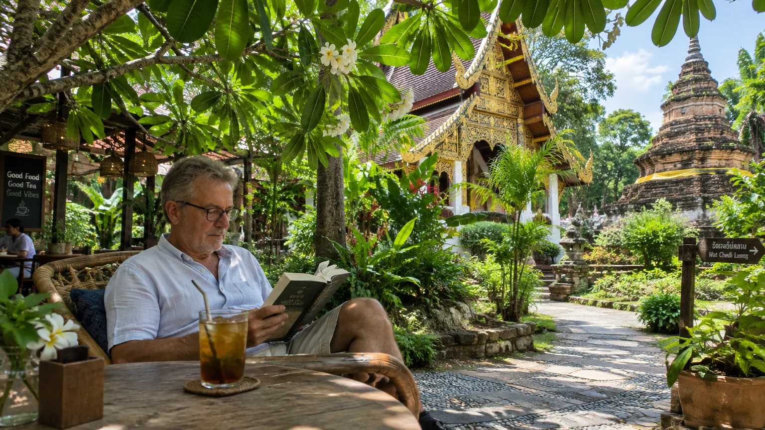 A man reads a book at an outdoor garden cafe table near a traditional Thai temple in Chiang Mai.