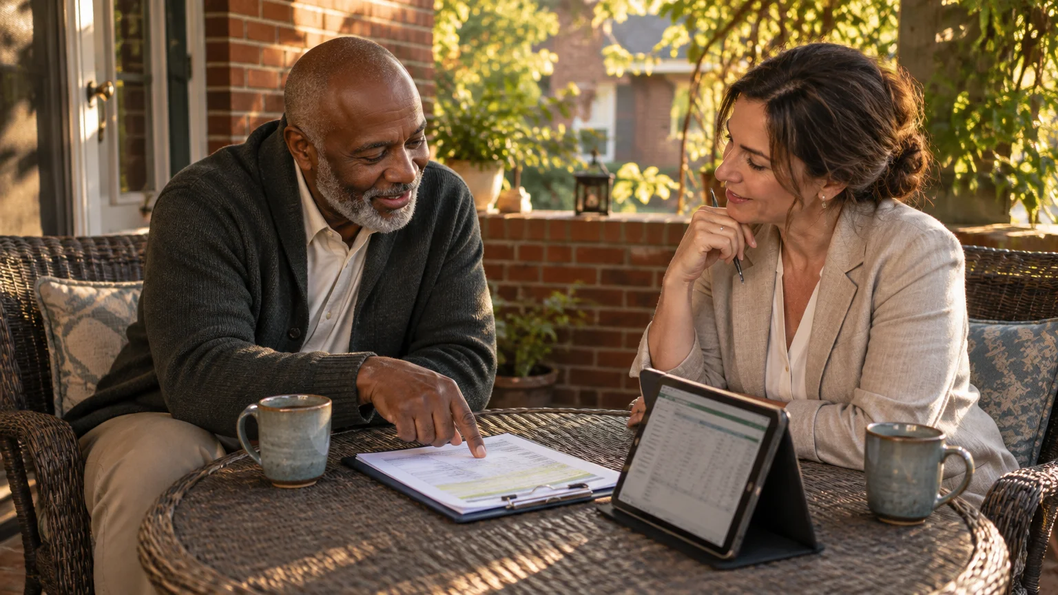 A man and woman review paperwork and a tablet together at an outdoor patio table with coffee mugs.