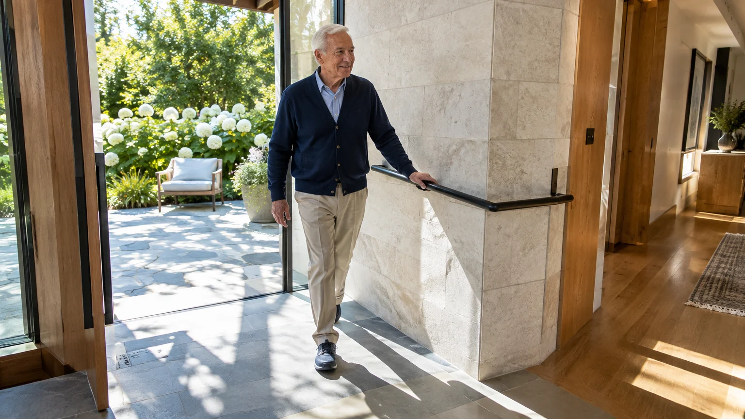 Senior man walking indoors along a stone wall, holding a black metal handrail near a doorway leading outside to a patio.