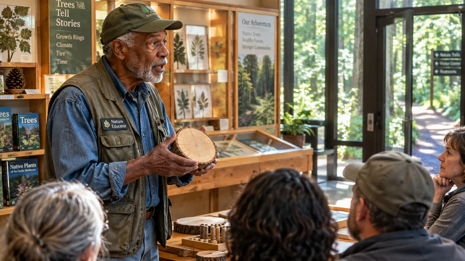An older Black nature educator holds a tree cross-section while speaking to a group inside a visitor center.