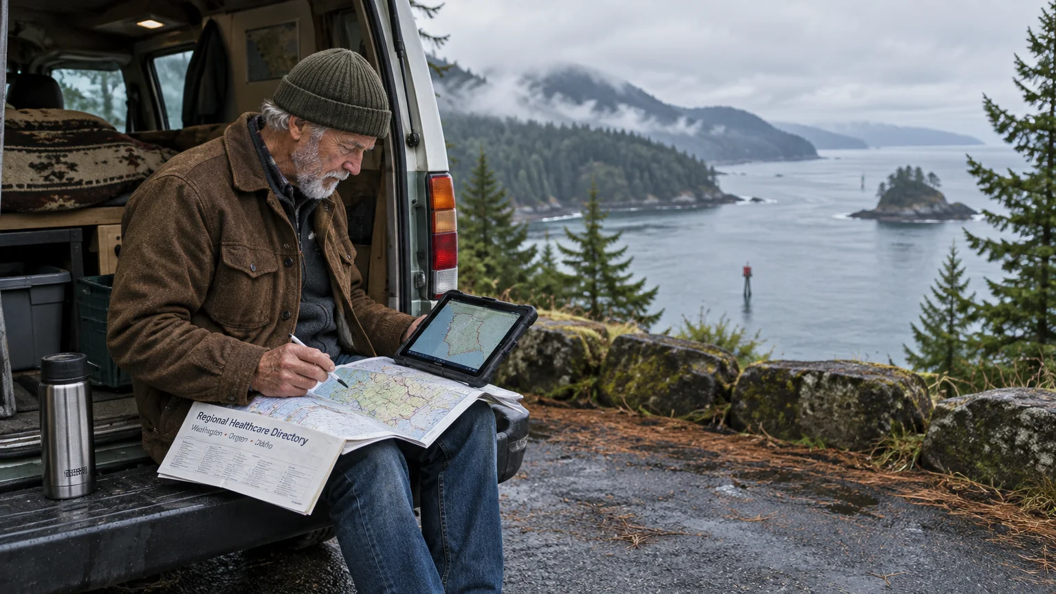 A bearded man sitting in the open back of a camper van examines a paper map and tablet beside a coastal overlook.