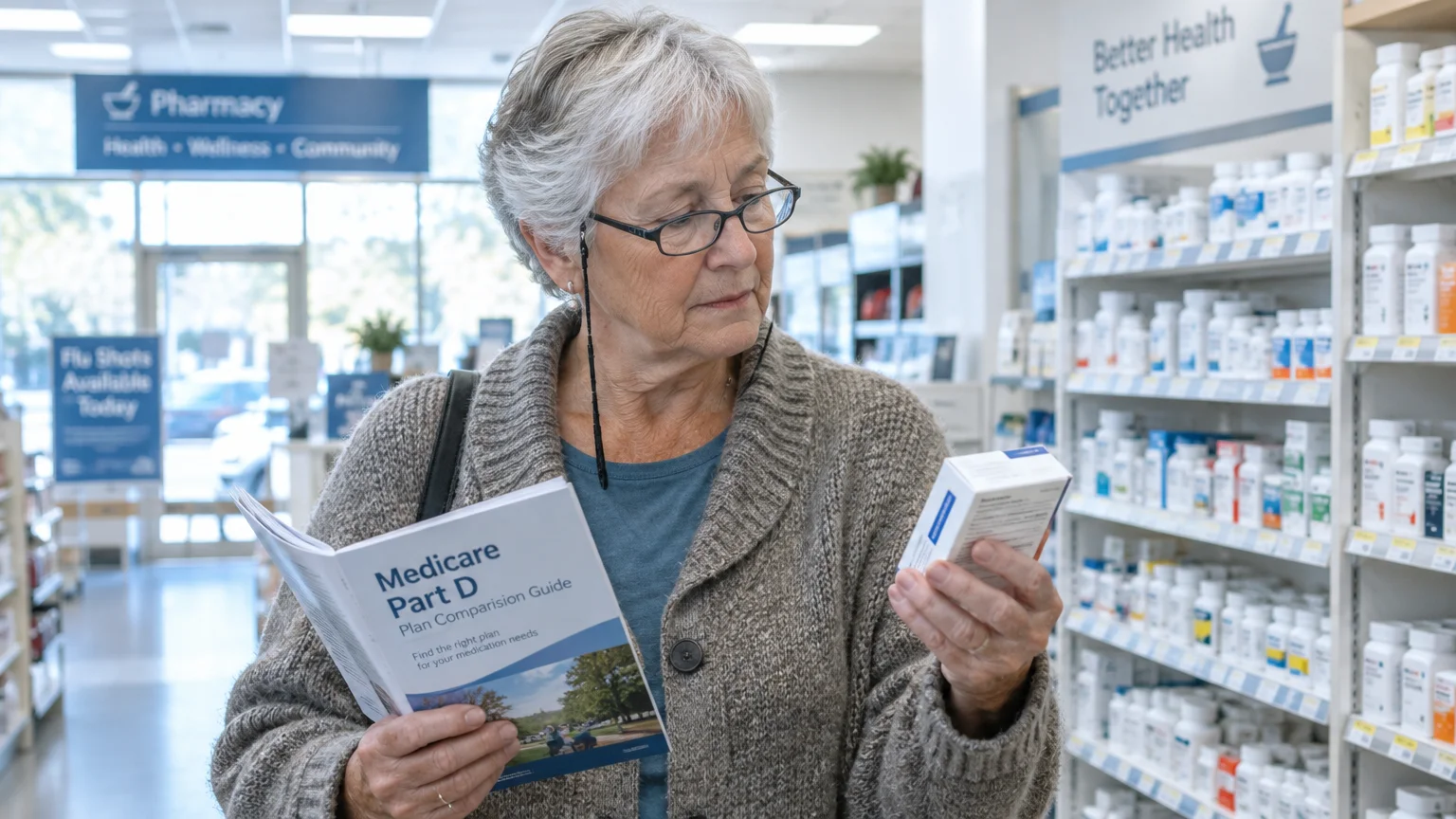 A senior woman in a pharmacy examines a medicine box while holding an open Medicare Part D guide booklet.