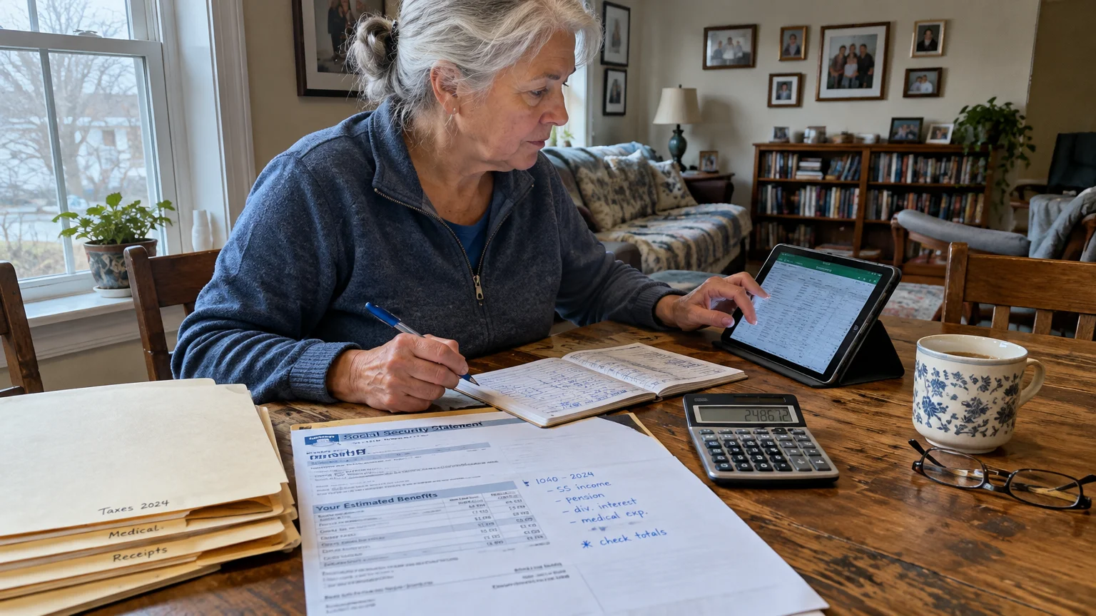 Senior woman reviewing Social Security paperwork and tax folders with a calculator, pen, and tablet at a wooden table.