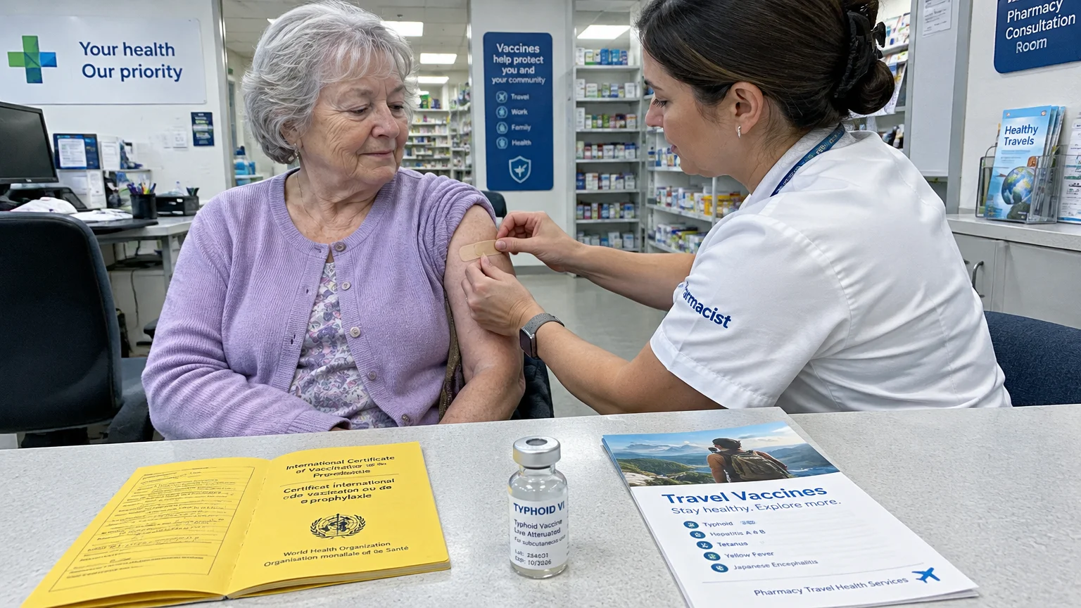 A pharmacist places an adhesive bandage on a senior woman's arm beside a vaccine vial and travel immunization documents.