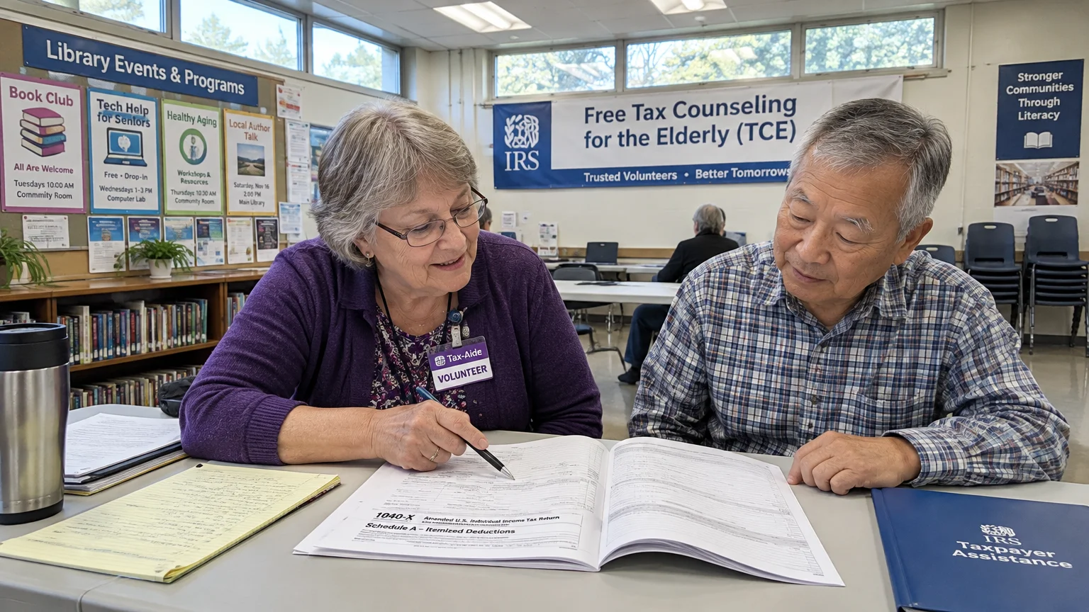 A volunteer wearing a Tax-Aide badge reviews tax forms with an older man seated at a table in a library.