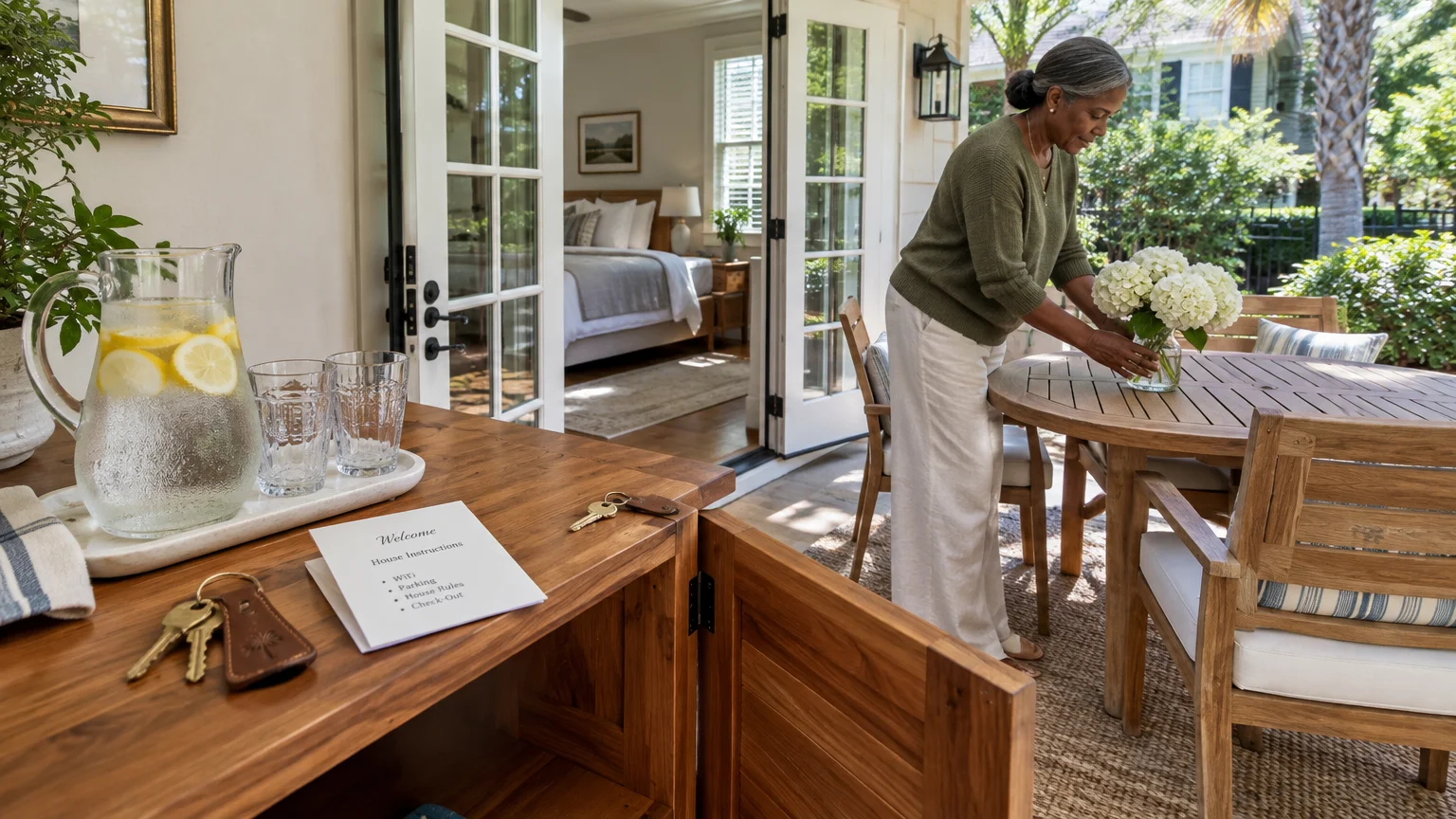 A woman sets flowers on a patio table outside a bedroom, near keys and a welcome note on a credenza.