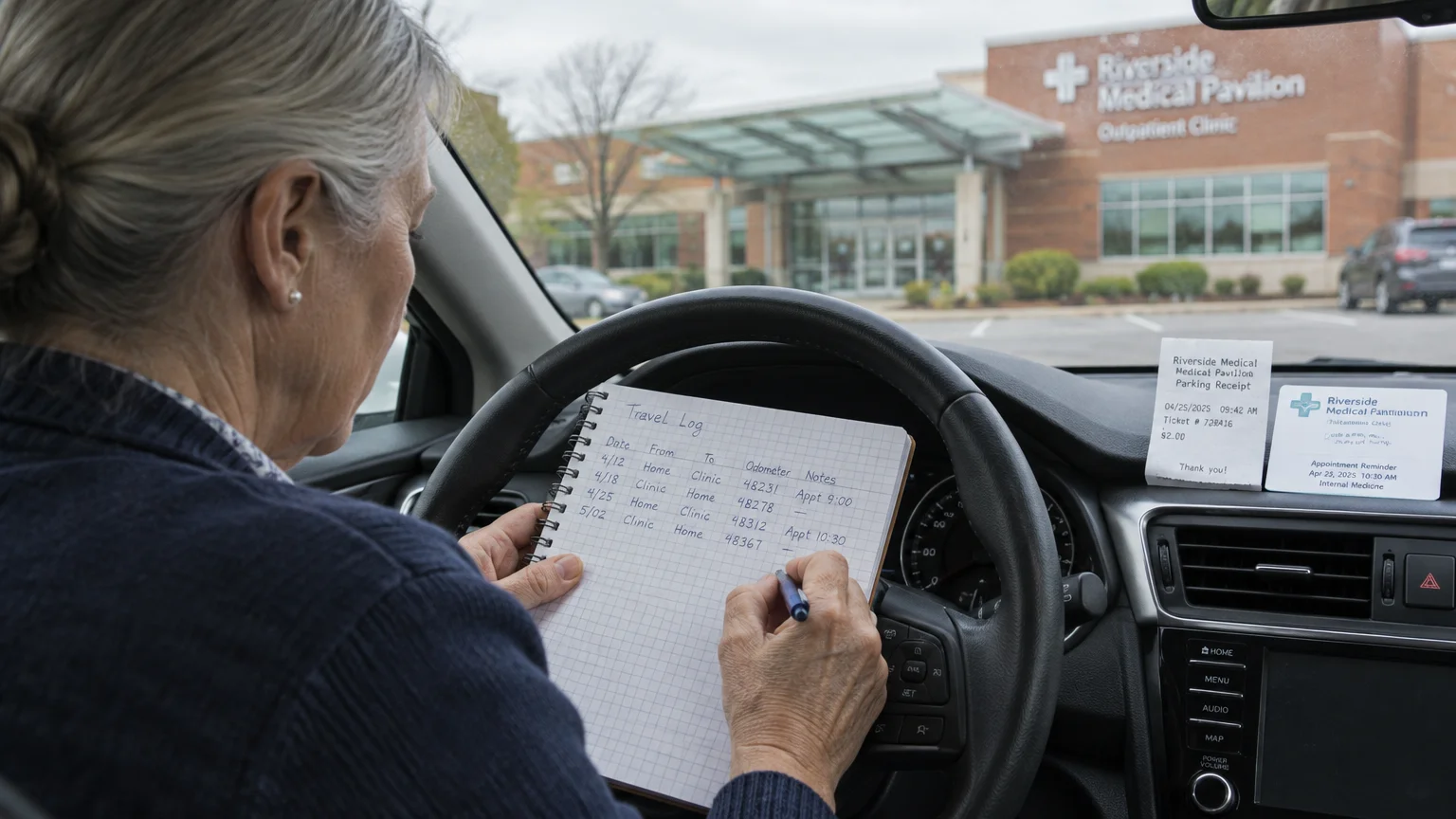 A woman sits in her car writing in a travel log notebook outside a medical clinic.