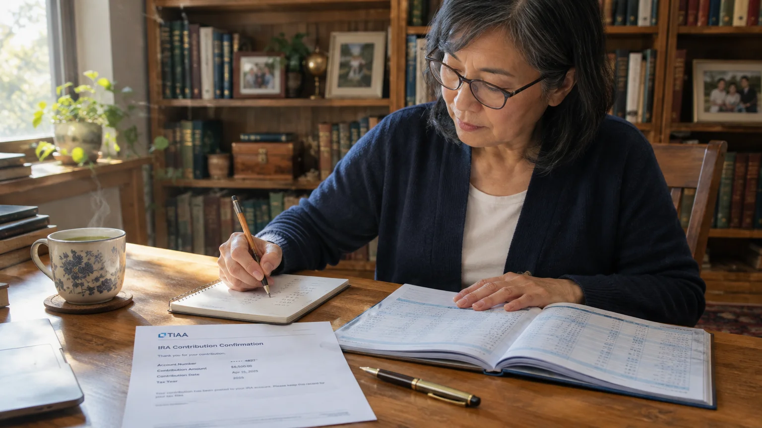 A woman with glasses writes in a notebook at a wooden desk with financial papers and an IRA contribution confirmation.