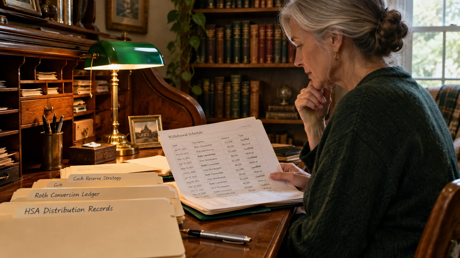 A senior woman reviews financial papers and folders at a wooden desk under a green banker's lamp in a study.